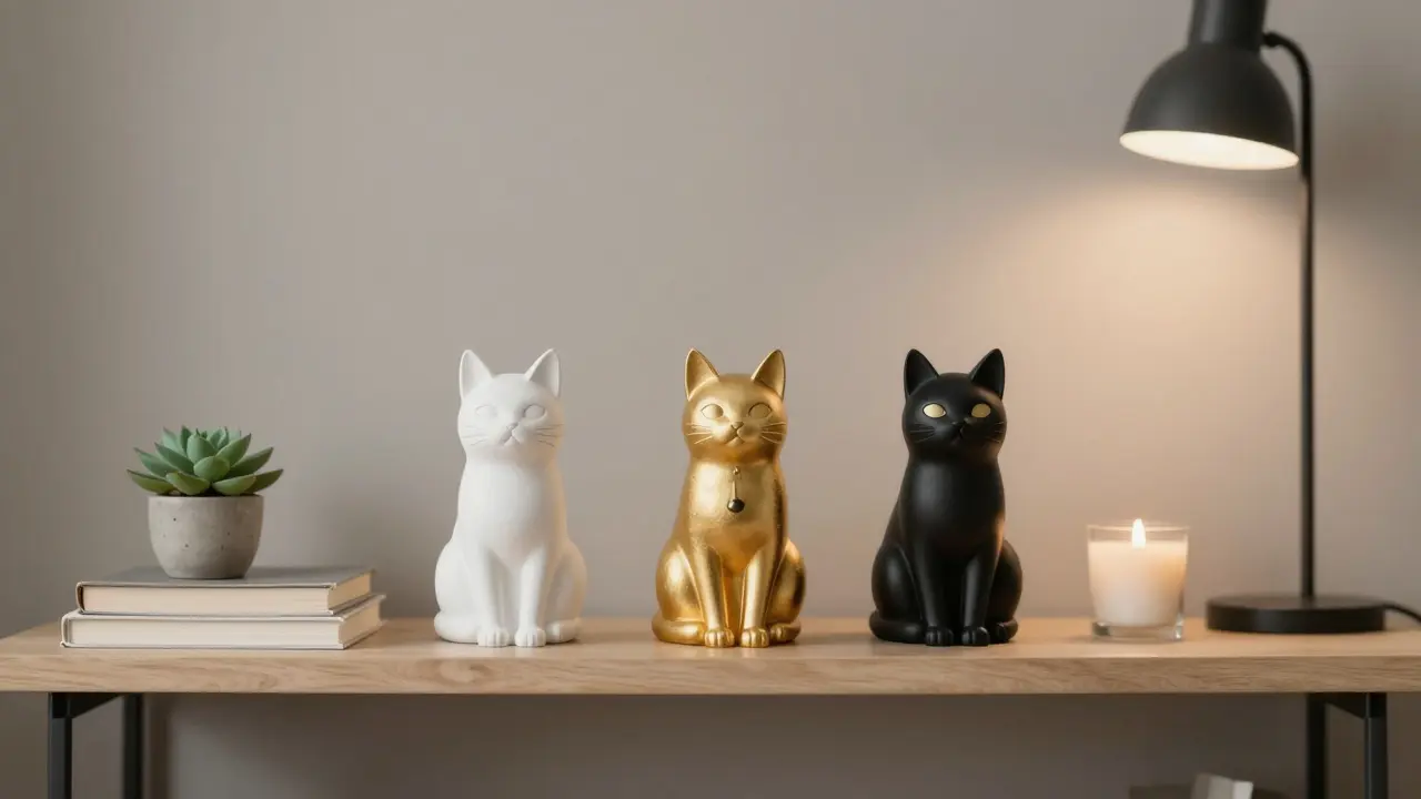 Three lucky cats on a minimalist shelf with books and a plant in a London apartment.