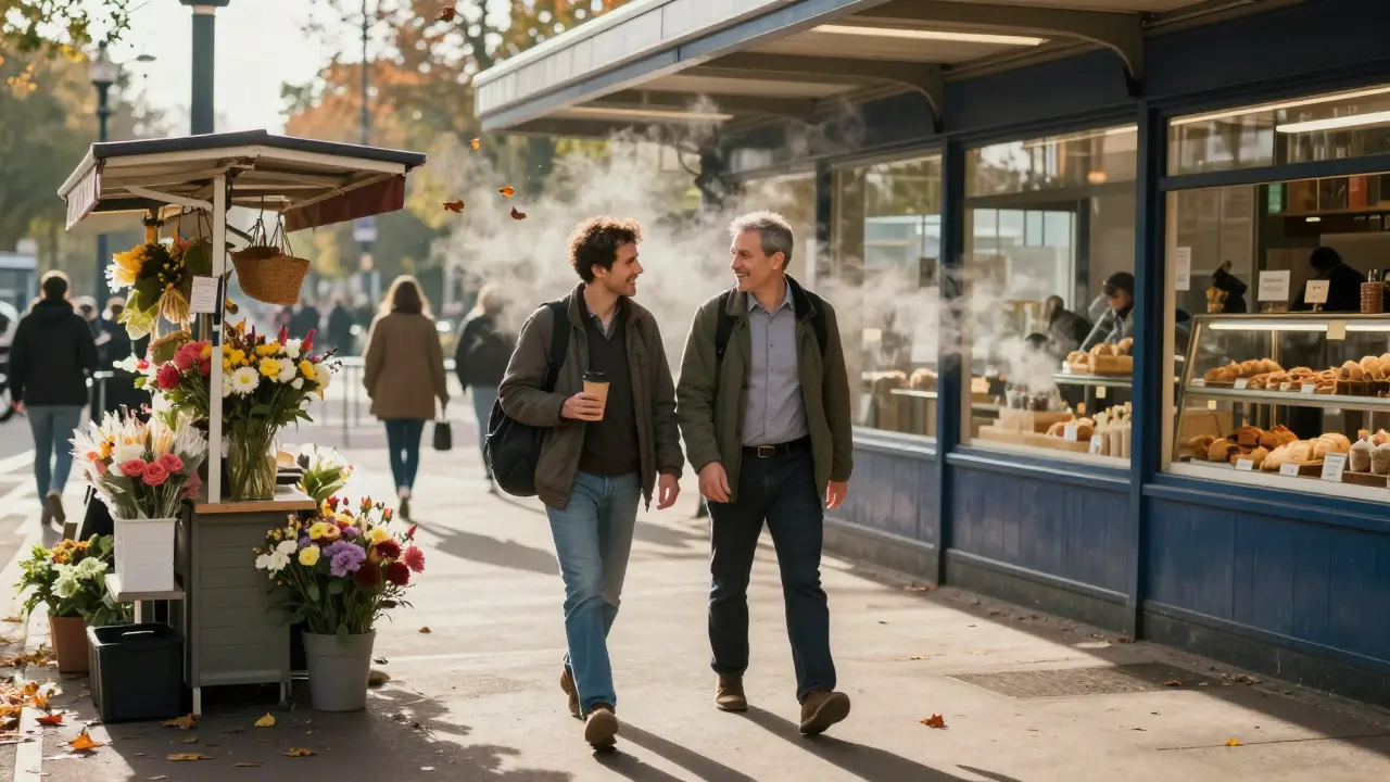 Two coworkers chatting while walking to an Overground station in autumn.