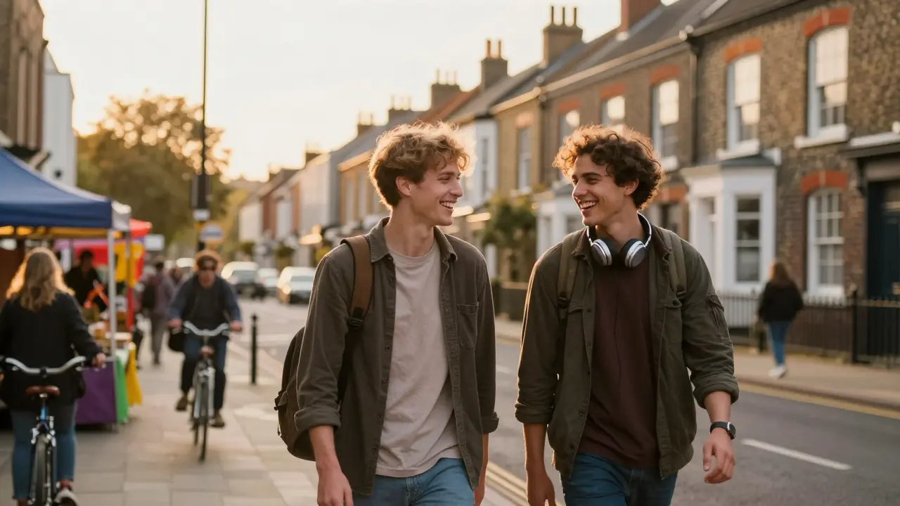 Two friends walking together between stations, laughing, with a vibrant city street behind them.