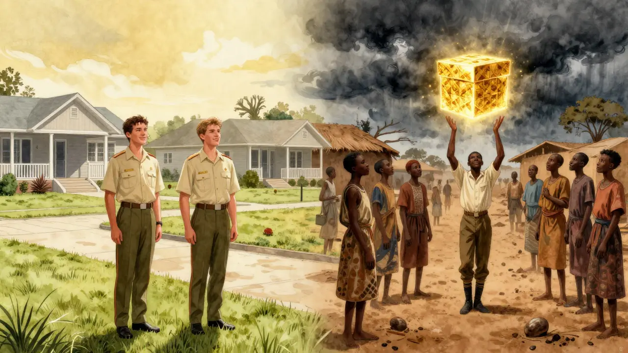 Two Mormon missionaries on stage in Uganda, with a glowing golden box symbolizing invented faith.