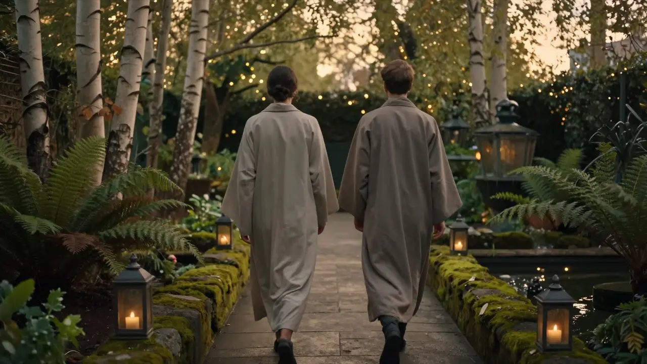 Two people in robes walking peacefully through a dimly lit spa garden at dusk.