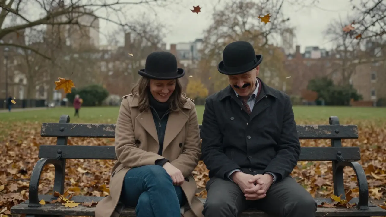 Two people on Hyde Park bench laughing, one wearing fake mustache and bowler hat.