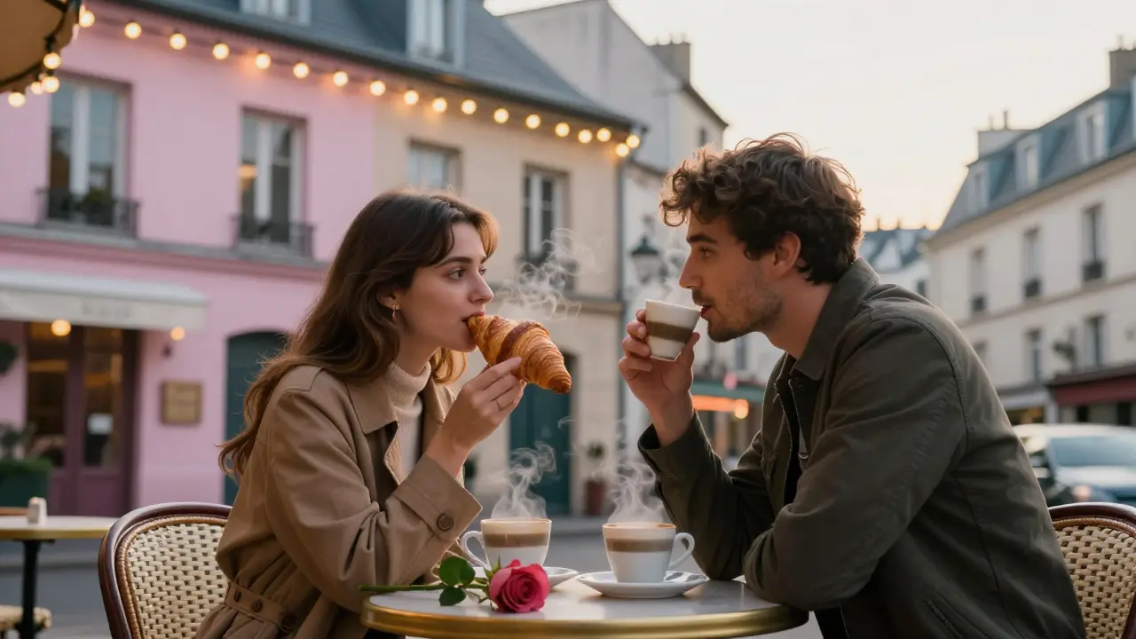 Two people sharing coffee and a croissant at a Parisian café in Montmartre at dusk.
