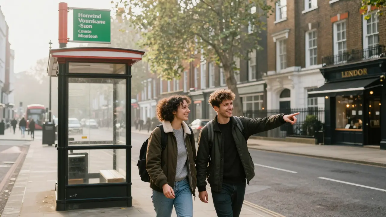 Two people walking together smiling past a London bus stop, backpacks and morning light.