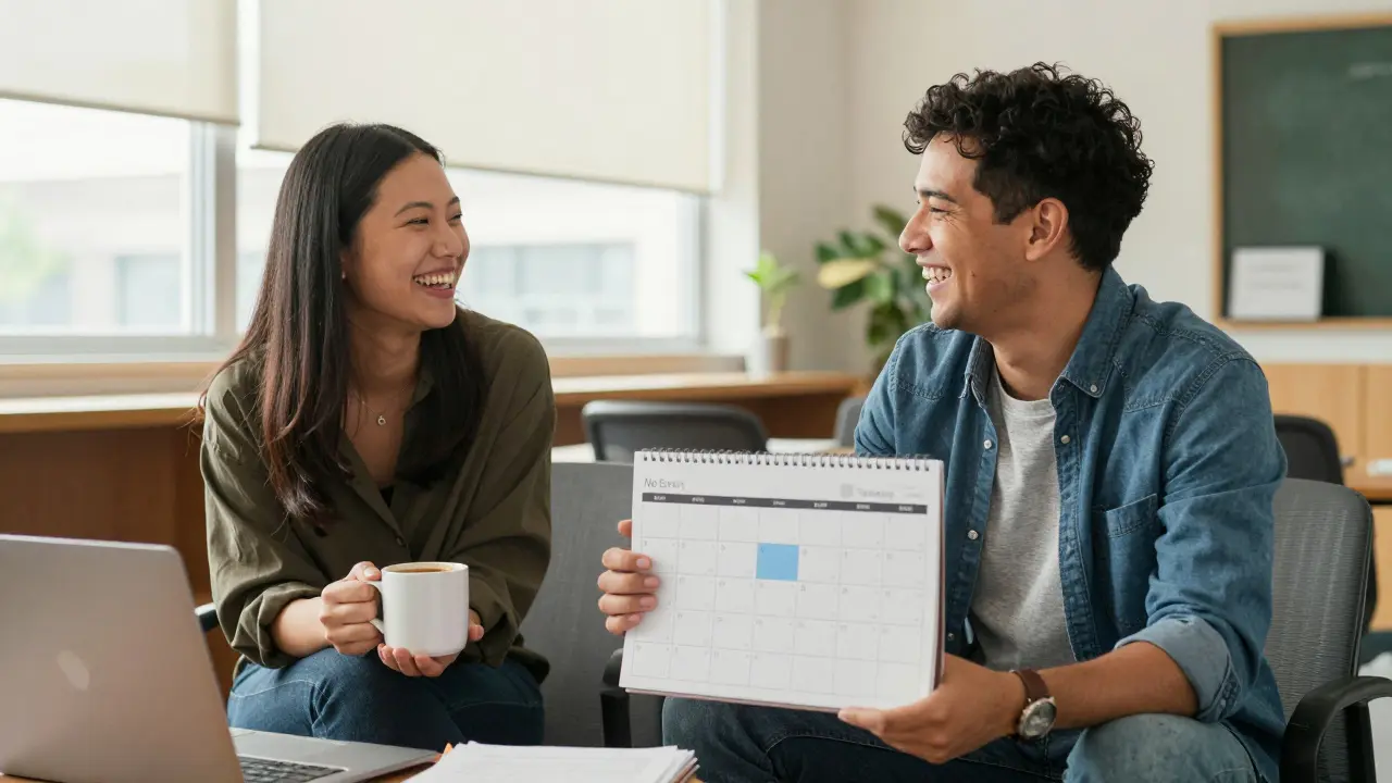 Two teachers laughing over coffee in the staff room, calendar showing protected work hours.