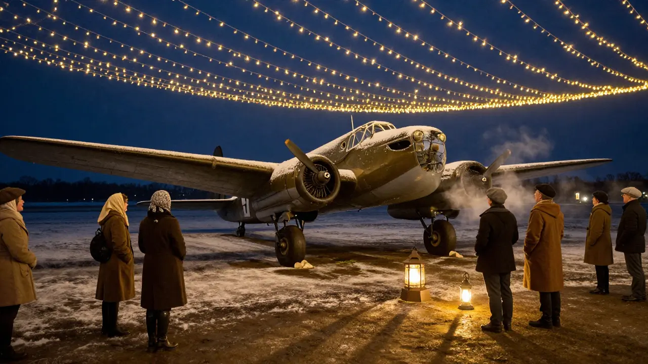 Vintage RAF Lancaster aircraft lit by Christmas lights at night with visitors in period clothing