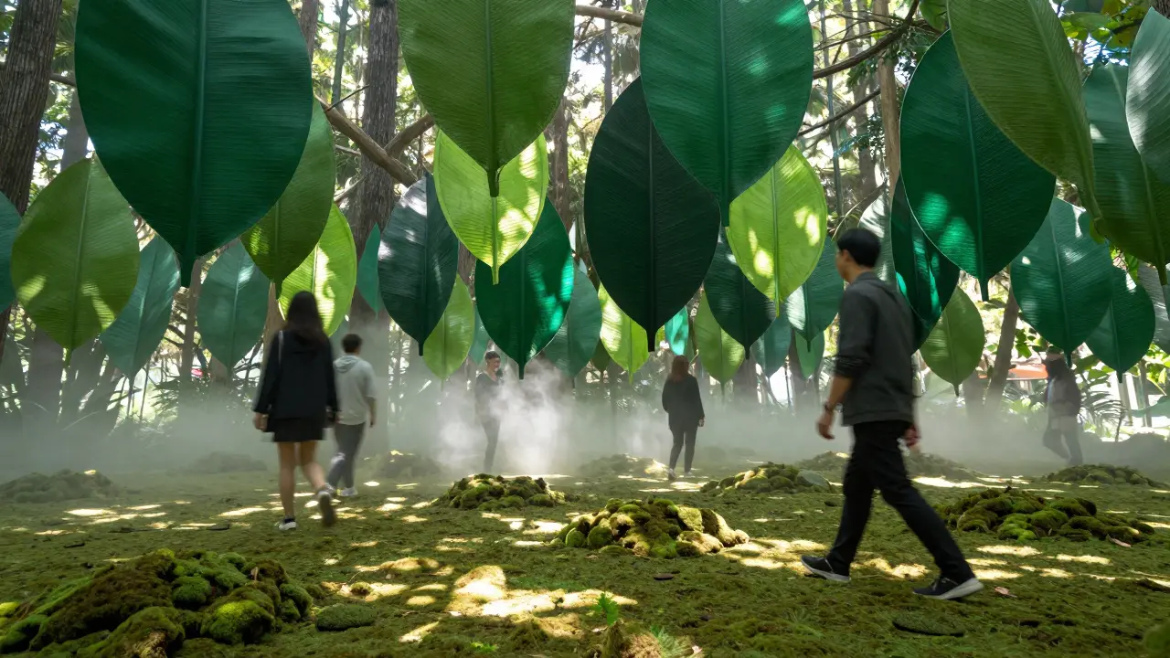 Visitors walking slowly beneath a forest of green balloon leaves in a quiet indoor space.