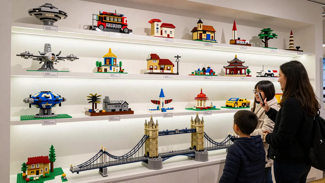 Wall of Fame display with multiple visitor-built Lego models under soft lighting