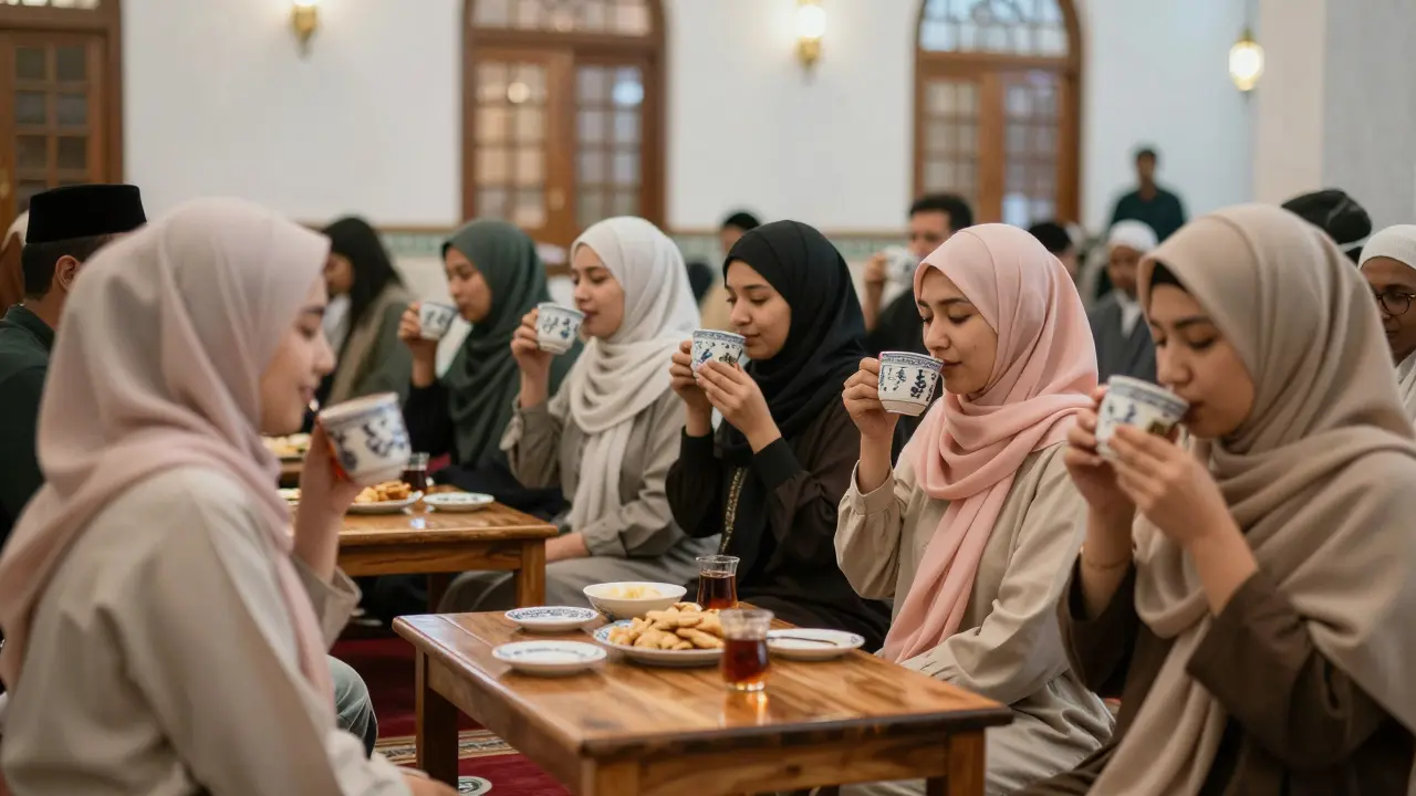 Women and children sip tea in the mosque's family area after prayers.