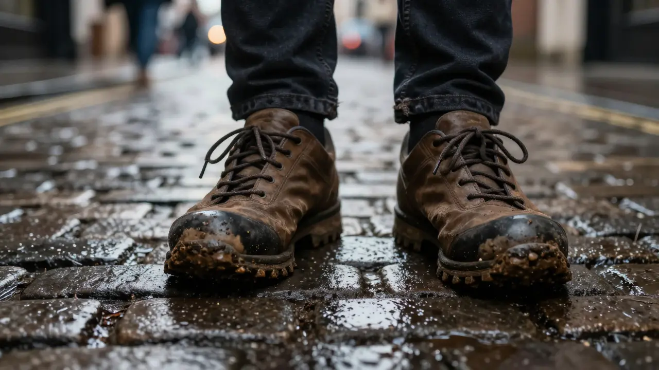 Worn walking shoes on wet cobblestones, reflections of city lights and blurred figures.