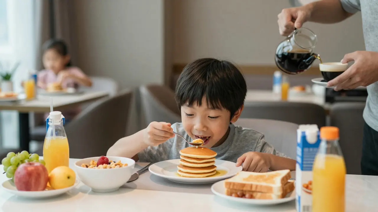 A child eating pancakes at a hotel breakfast buffet with fruit and juice.