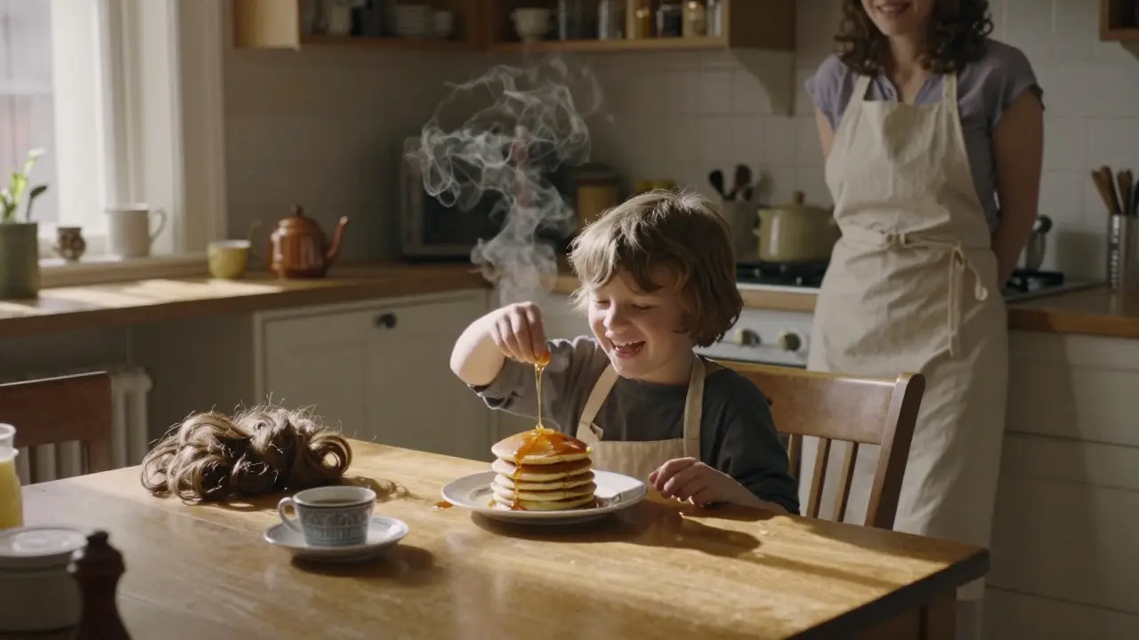 A child laughing while eating pancakes in a sunny kitchen, apron and wig nearby.