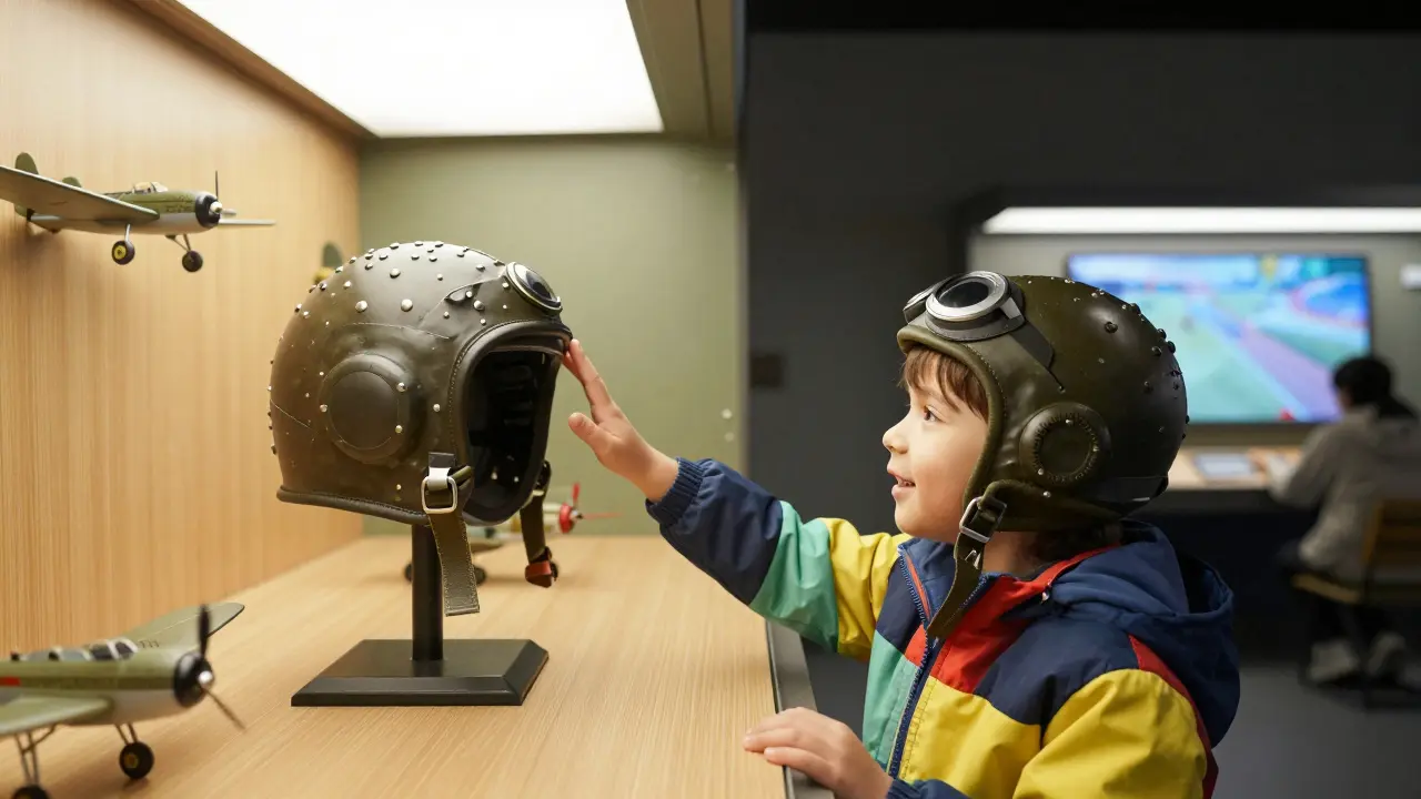 A child touching a replica WWII pilot helmet in the museum's interactive Flight Zone.