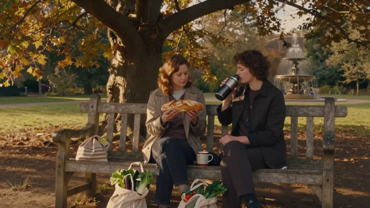 A couple sharing bread and coffee on a bench in Holland Park, surrounded by trees.