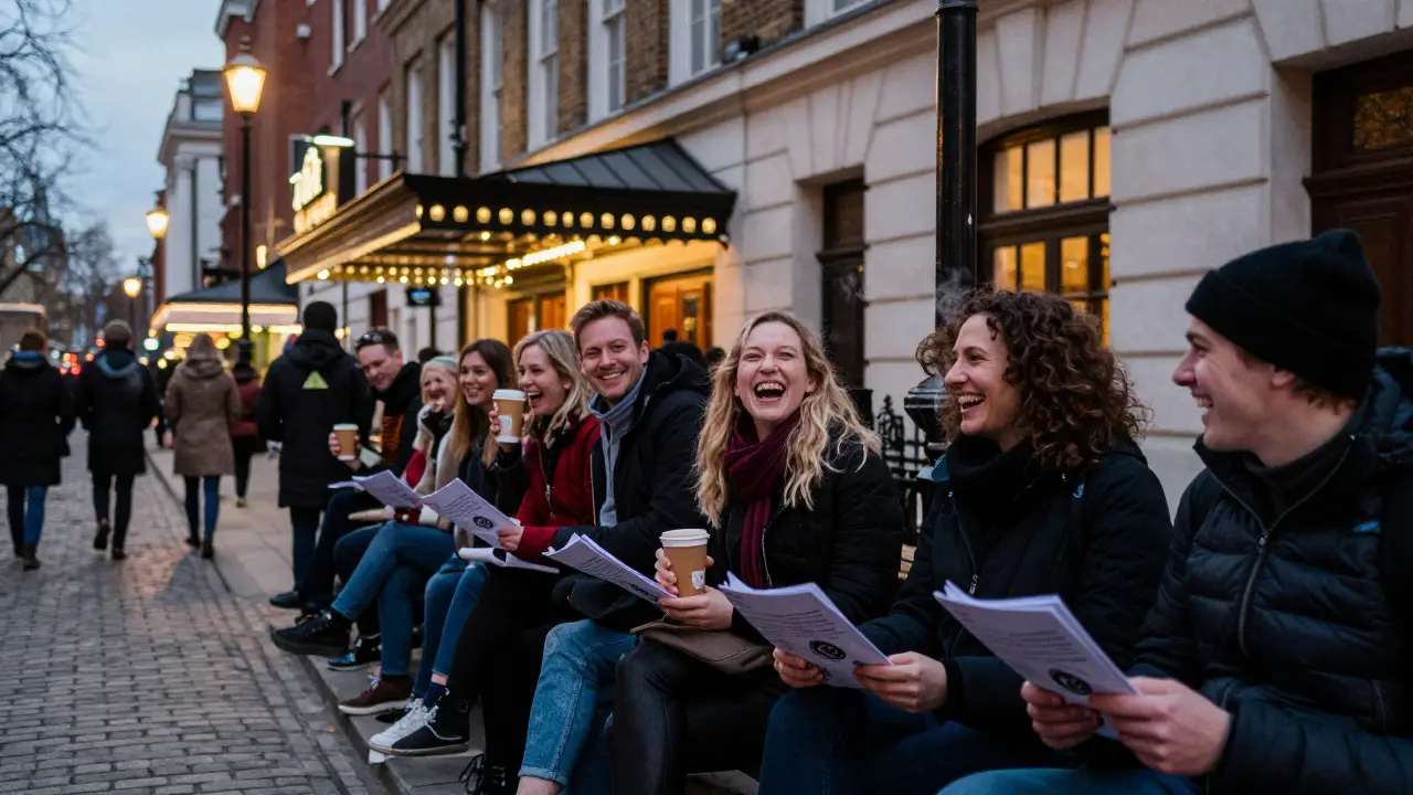 A diverse group of people laughing outside a London theatre after a show, holding programmes.