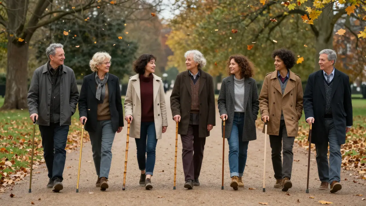 A diverse group walking together in a park, each with a unique cane, moving slowly and peacefully.