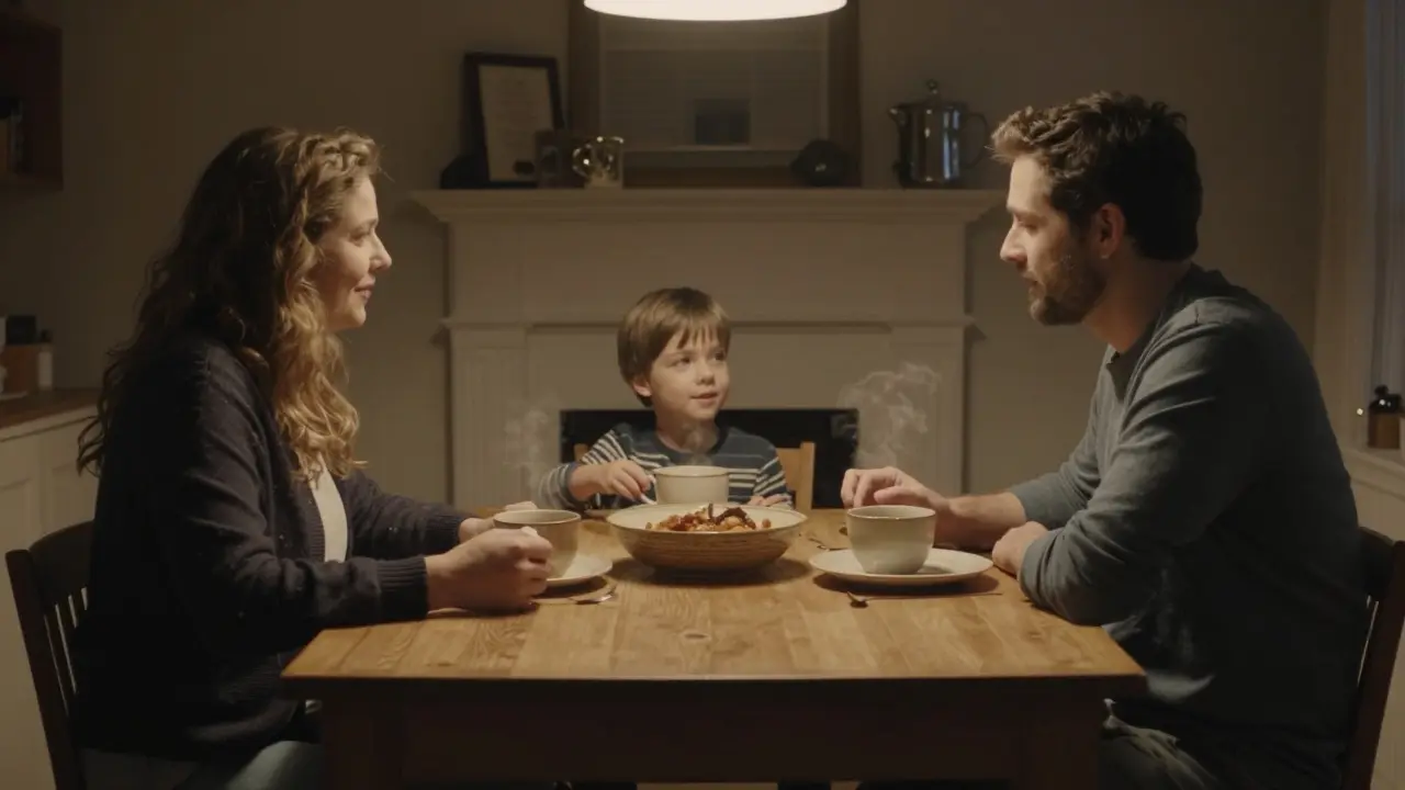 A family having dinner together without phones, talking warmly in the evening.