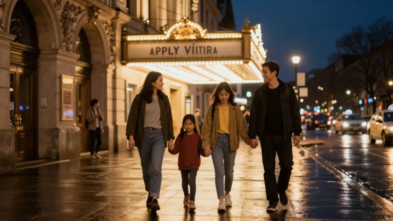 A family holds hands, smiling as they leave the Apollo Victoria Theatre at night.