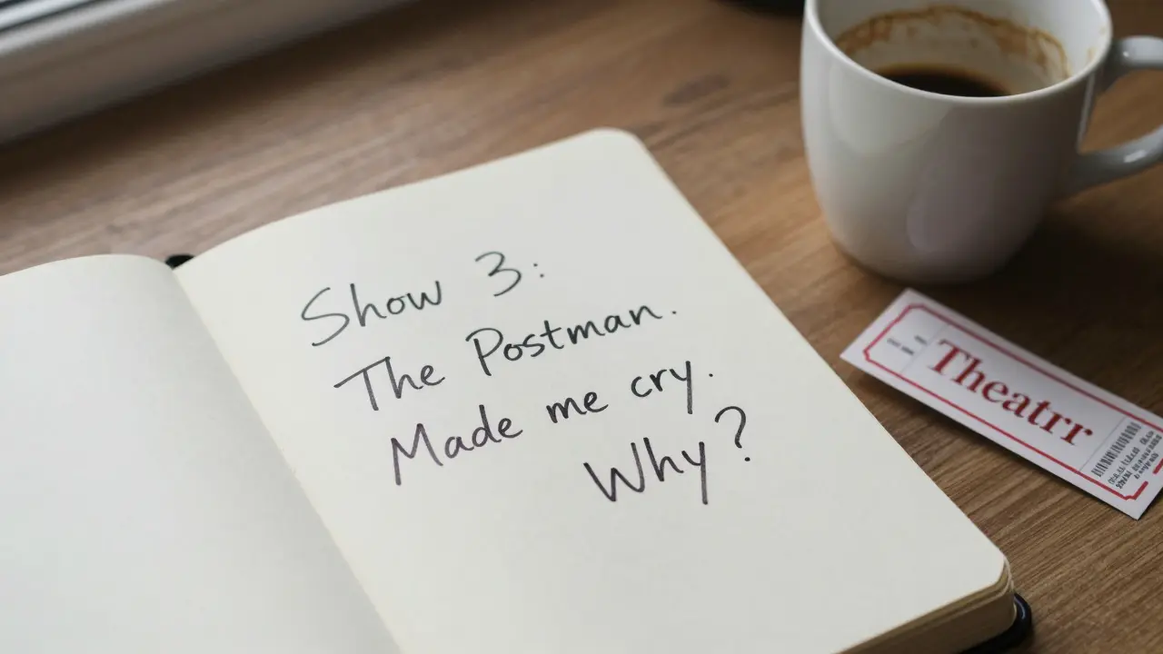 A handwritten notebook with emotional notes and a theatre ticket beside a coffee cup.