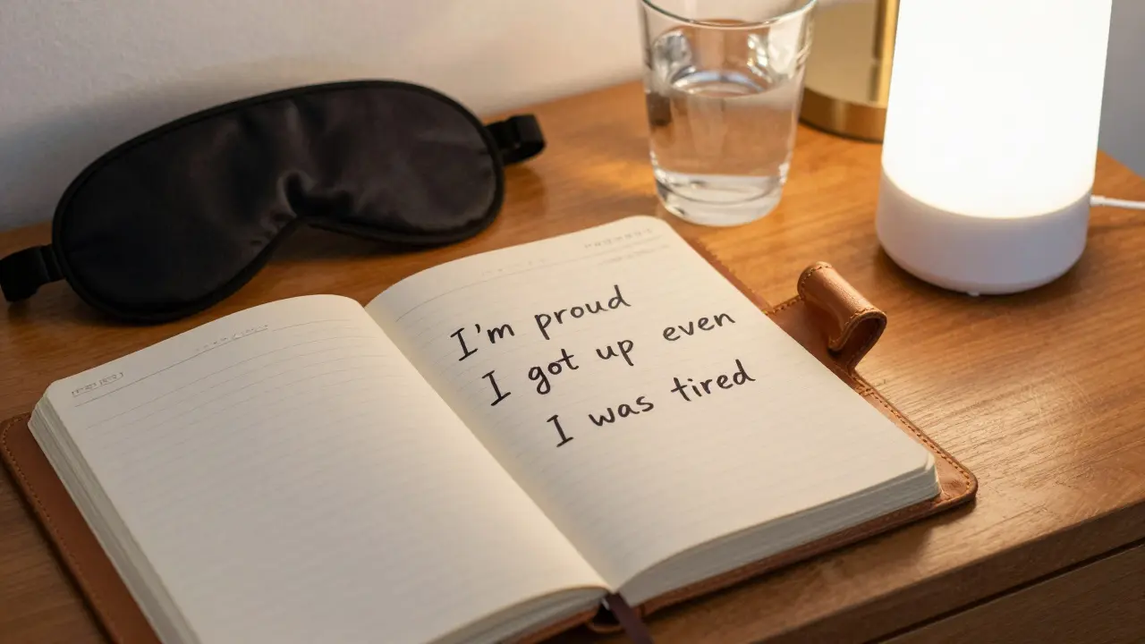 A journal with handwritten note about personal pride on a nightstand.