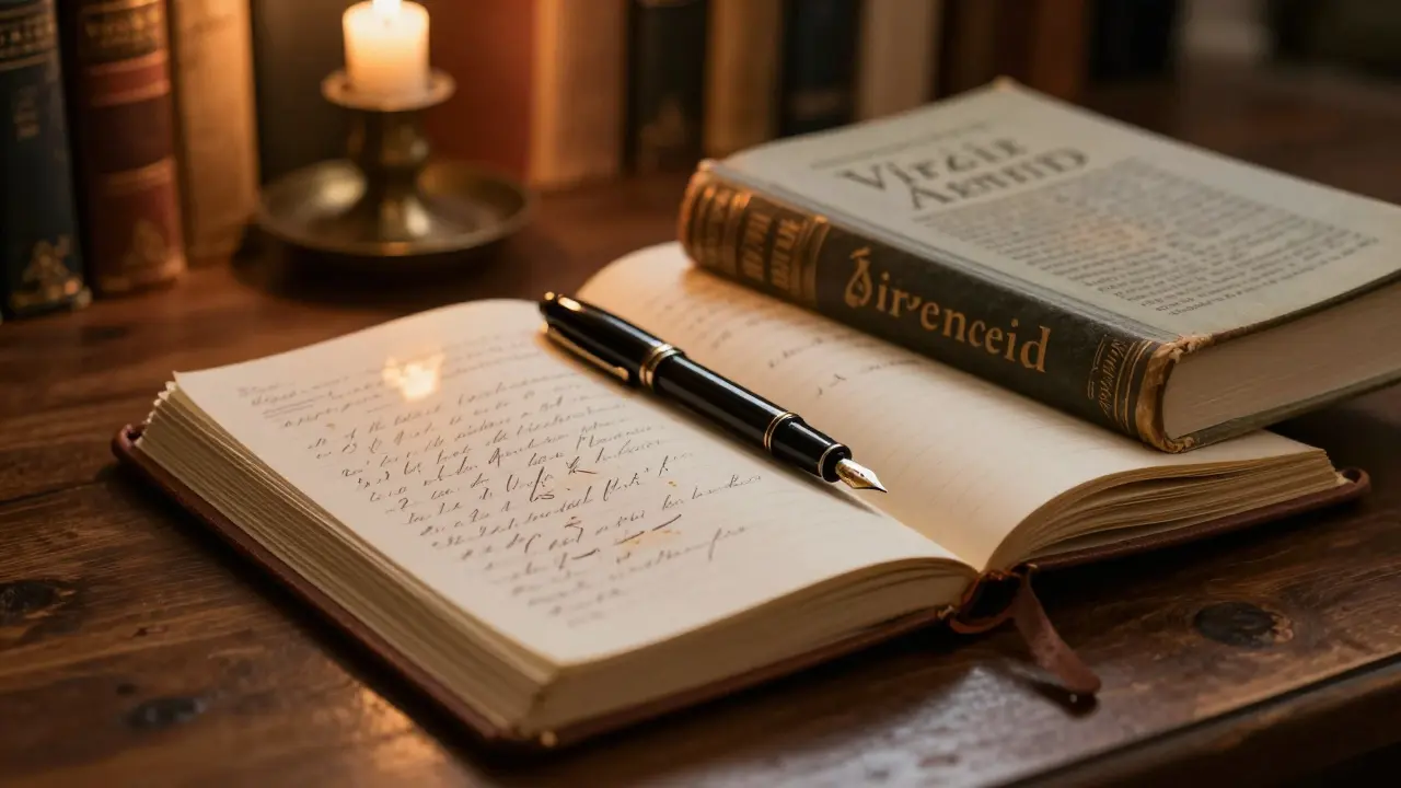 A leather-bound journal with a fountain pen and a classic book resting beside it.