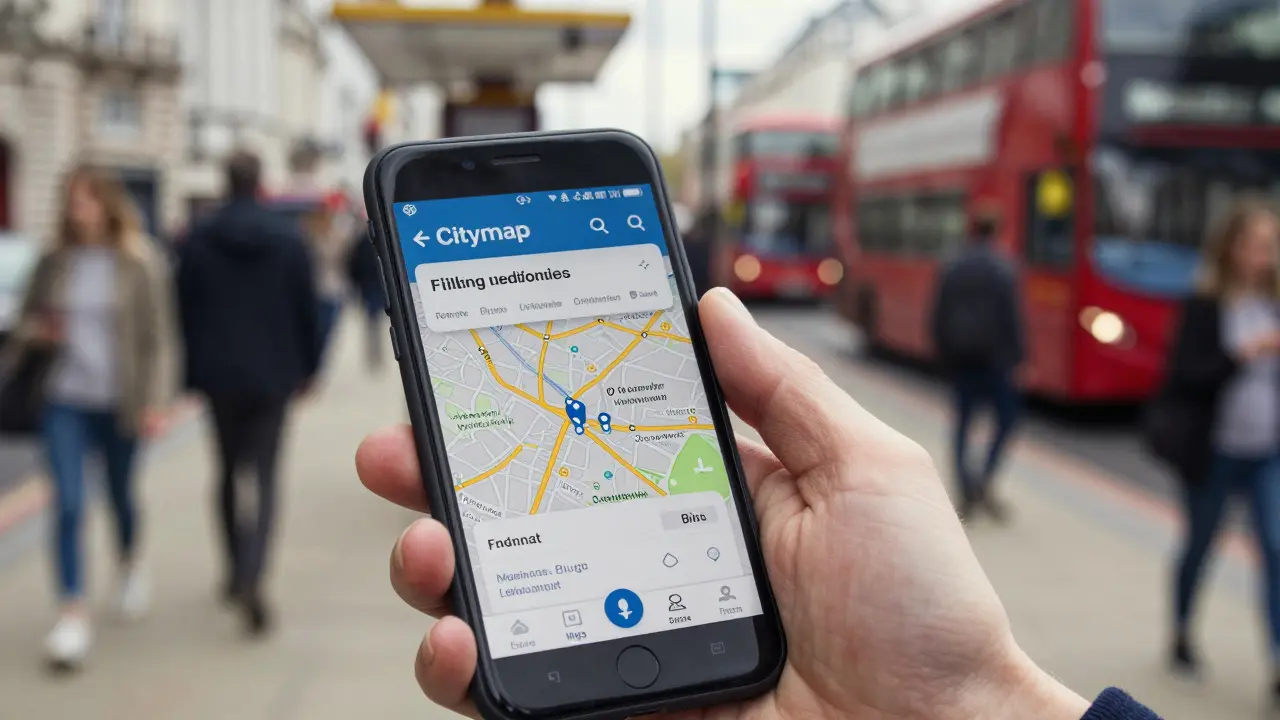 A Londoner using the Citymapper app on their phone at a bus stop, showing walking and transit routes.