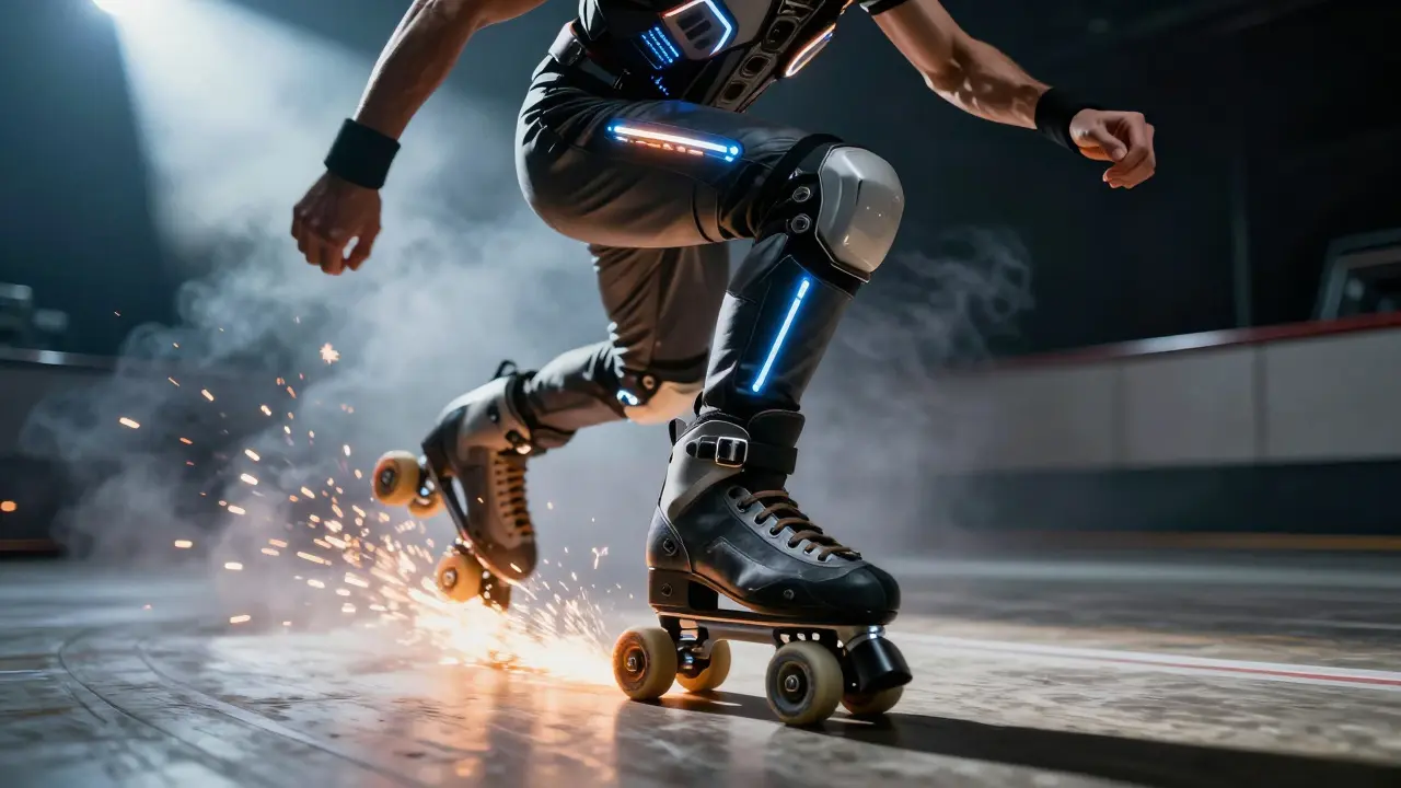 A performer on roller skates leaps mid-air with glowing costume and flying sparks.
