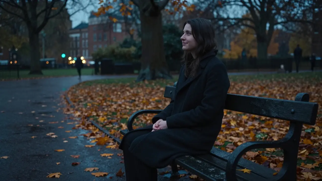 A person sitting alone on a park bench in autumn, surrounded by falling leaves and quiet trees.