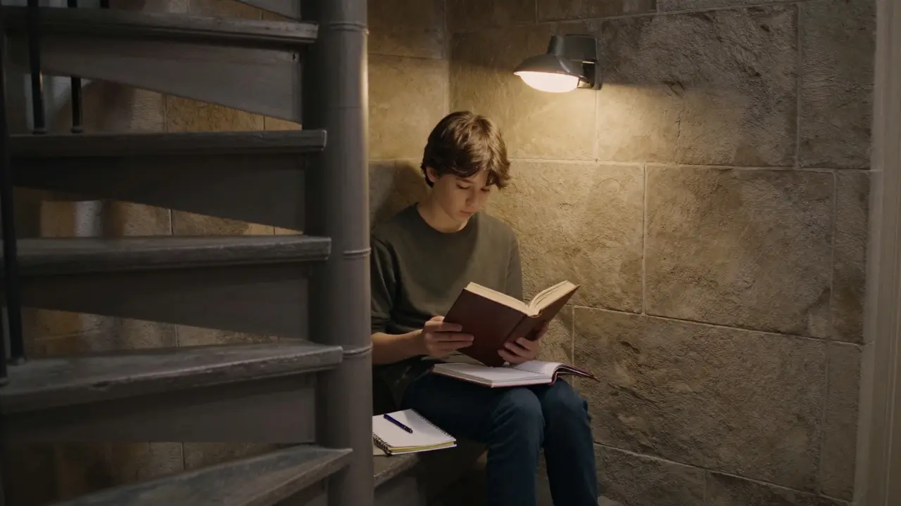 A student reading quietly in a nook beneath a staircase.