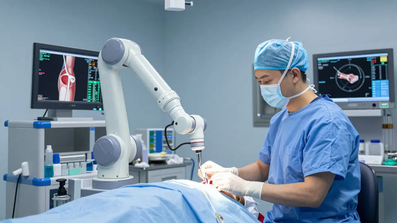 A surgeon using a robotic console to perform a precise minimally invasive surgery.