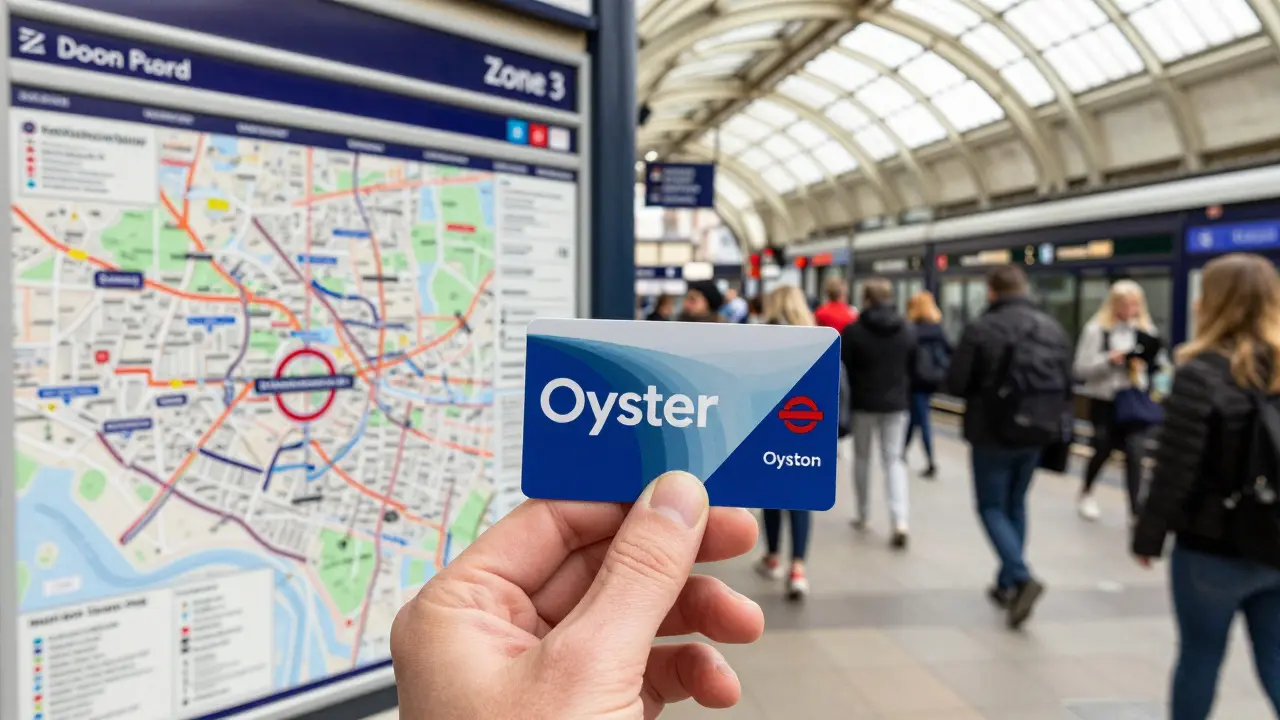 A traveler holding an Oyster card at a London Tube station entrance.