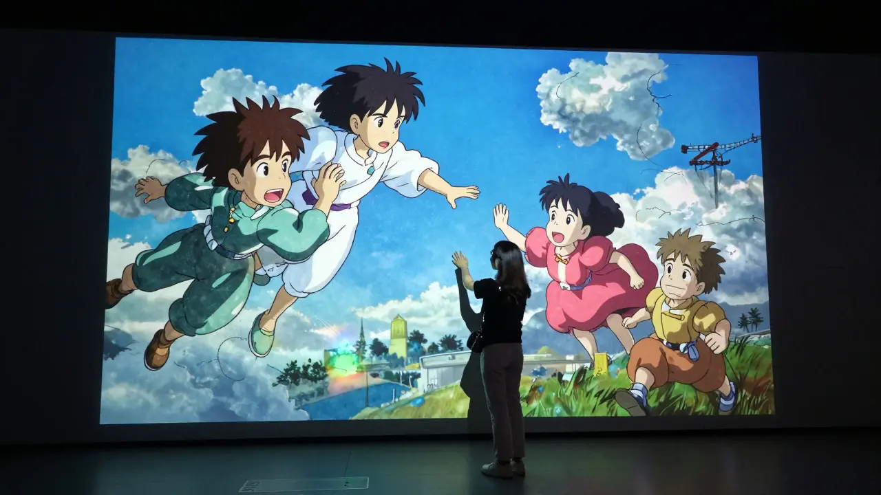 A visitor interacting with a digital art installation featuring animated manga characters.