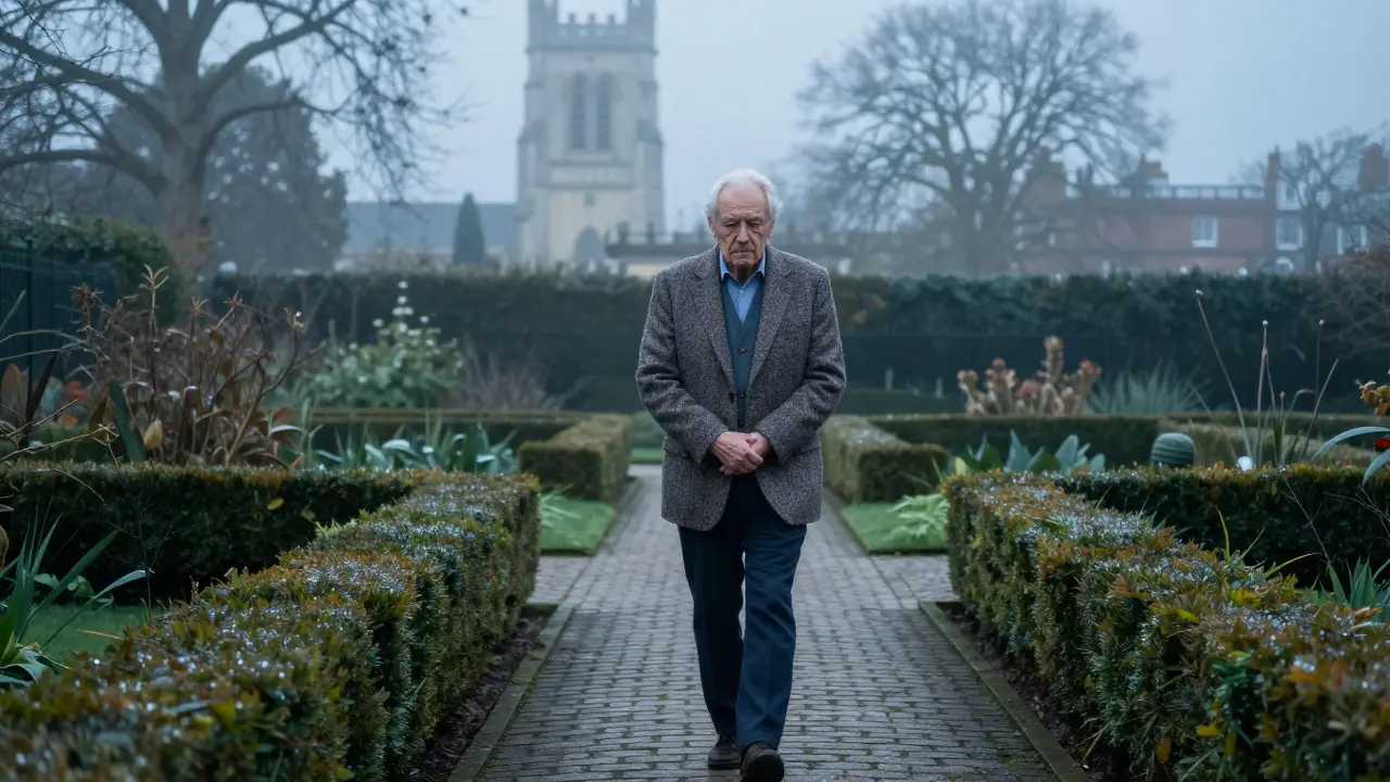 An elderly man in a tweed jacket walking alone through a misty London garden at dawn.