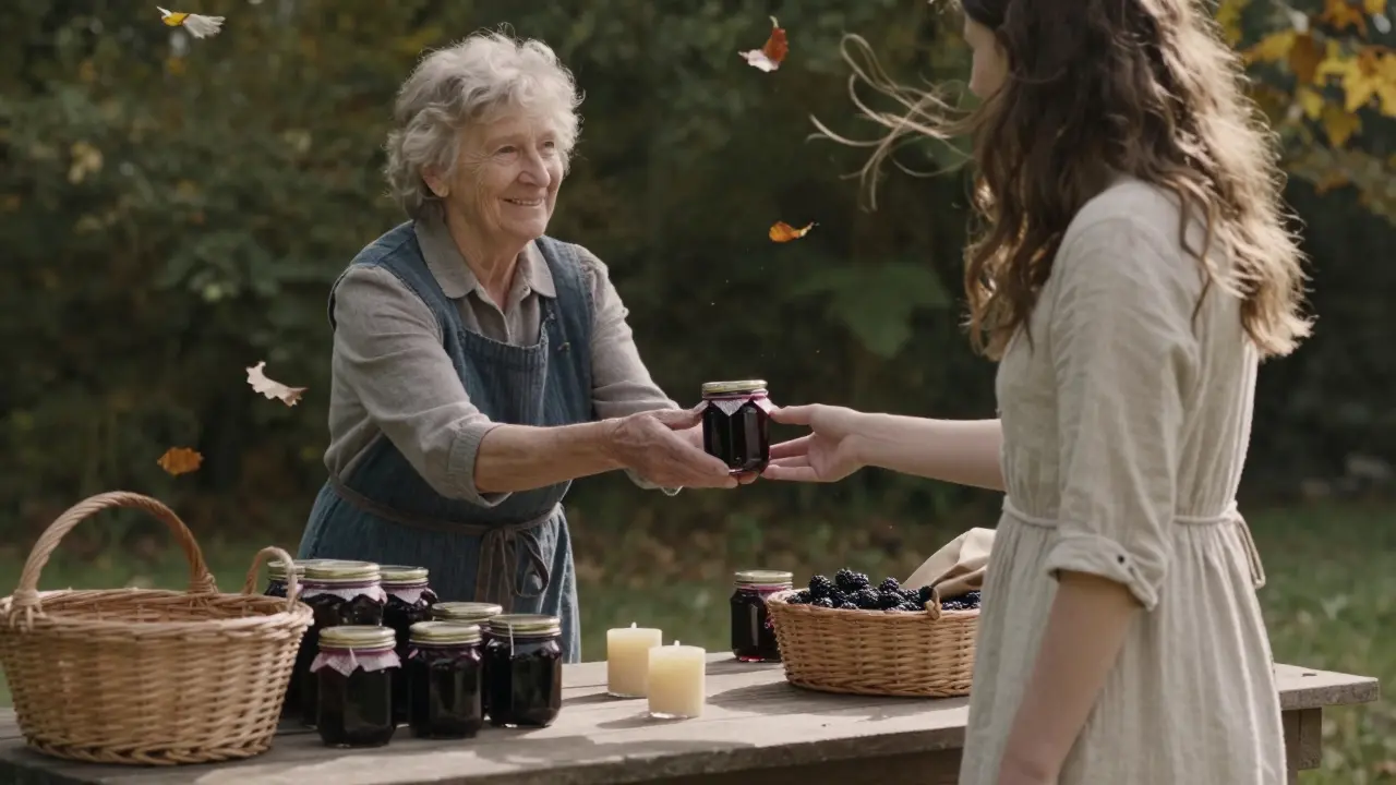 An elderly woman giving a jar of homemade jam to a young customer at a market.