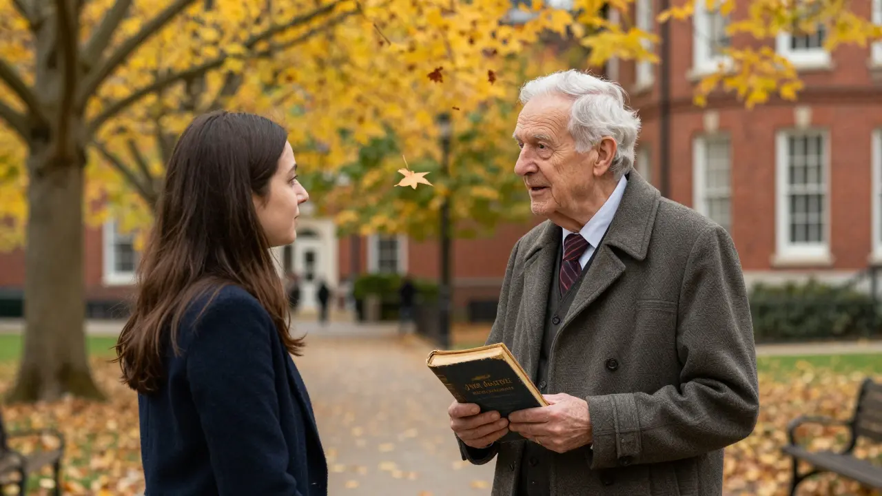 An older graduate and a current student talking under autumn trees on campus.