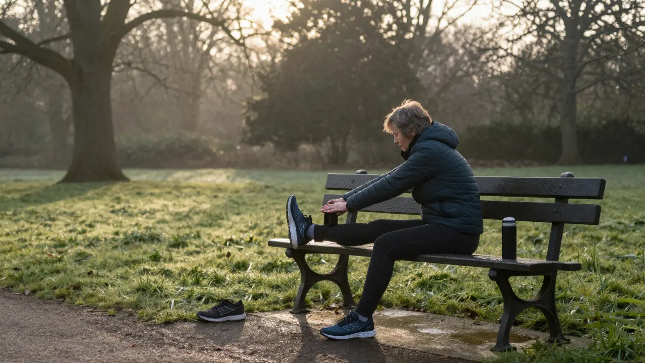 An older runner stretching on a park bench at dawn with running shoes nearby.