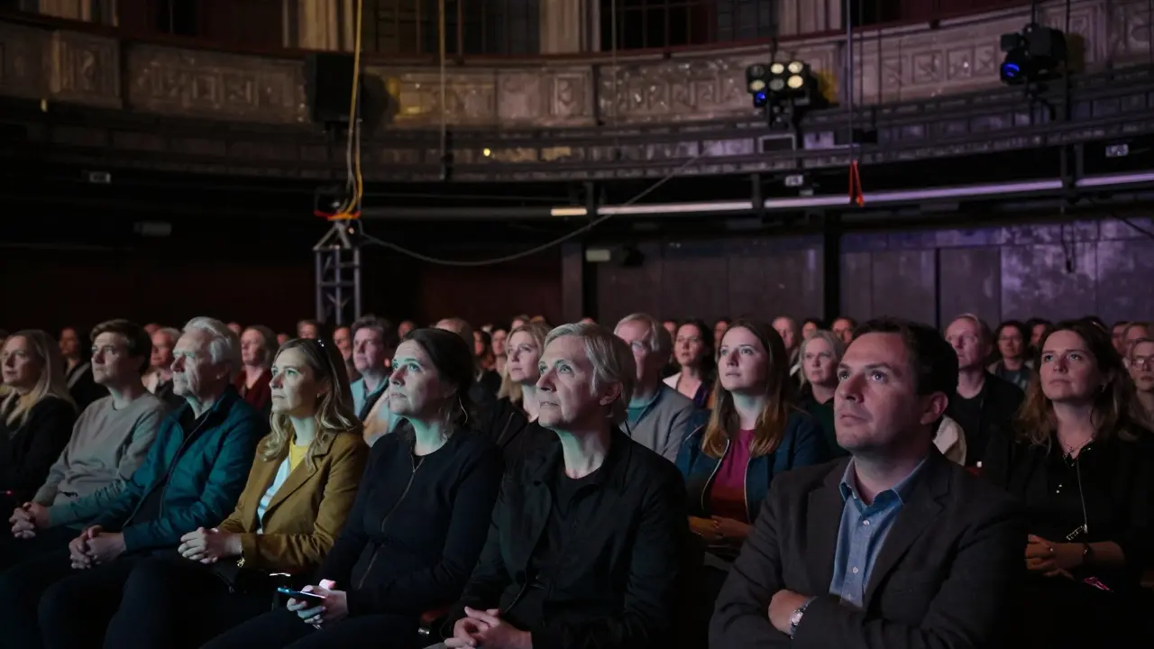 Audience in a dark theatre, faces lit by stage glow, expressions of quiet awe.