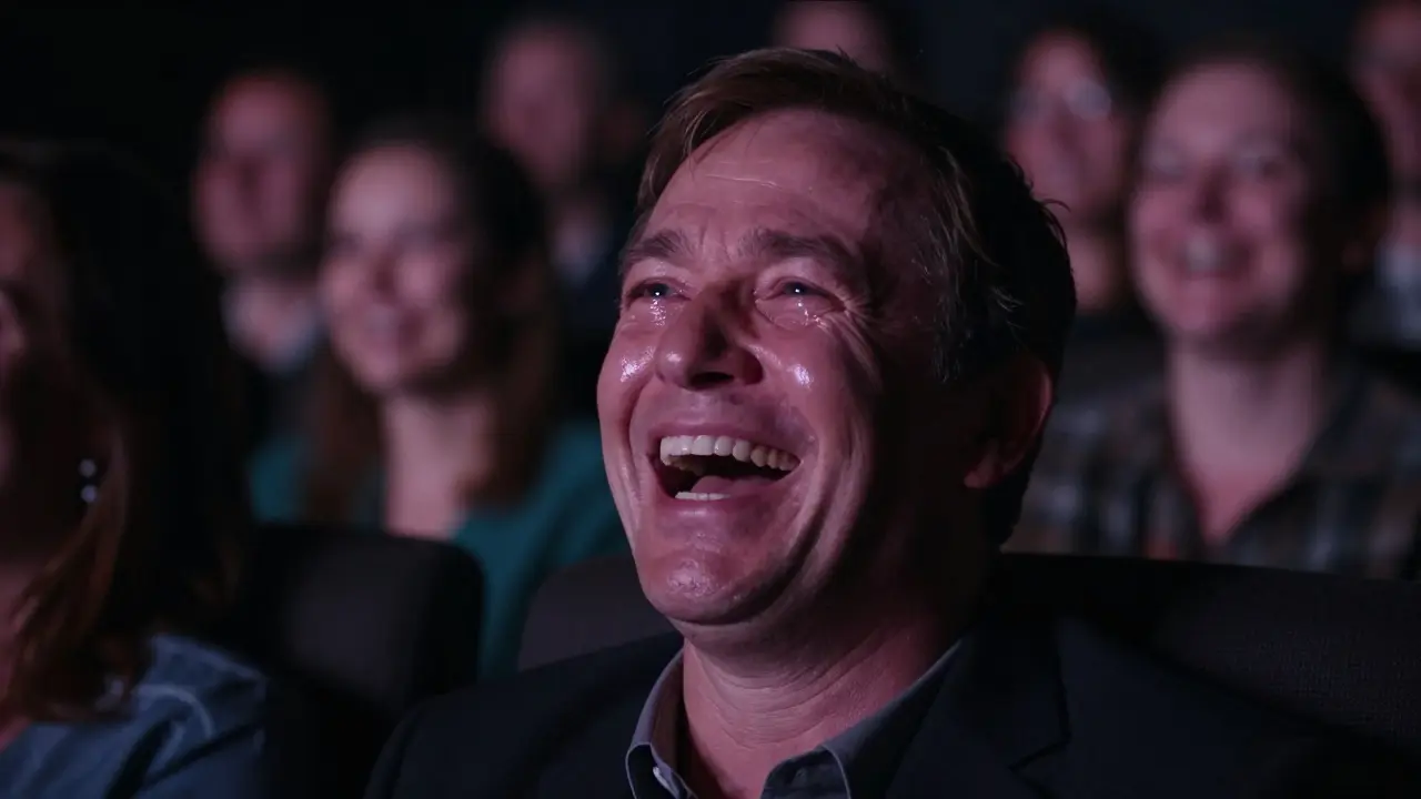Audience member laughing with tears in their eyes during a musical number in the theater.