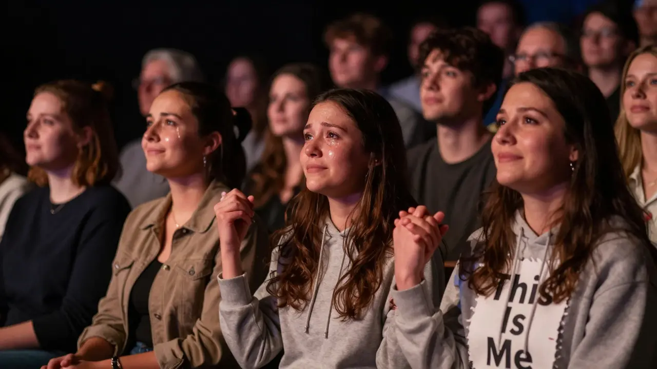 Audience members holding hands and crying during 'This Is Me' in a theatre.