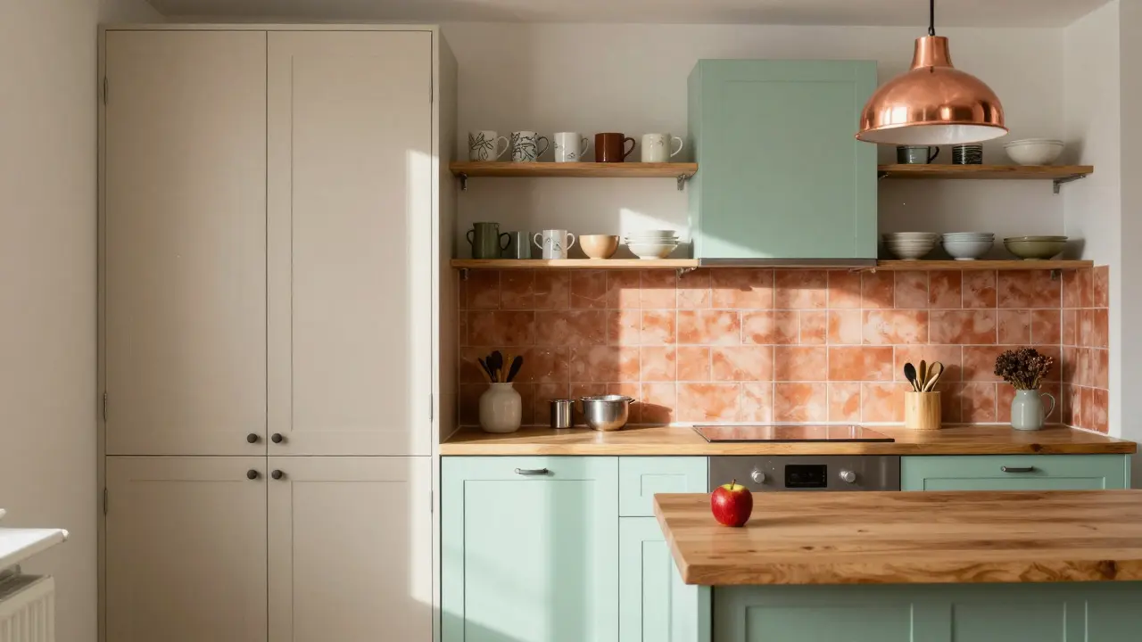 Before-and-after kitchen transformation: dull beige to vibrant mint cabinets and terracotta tiles.