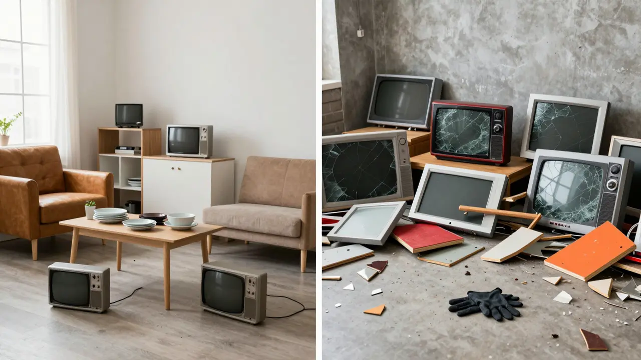 Before and after view of a rage room: organized items vs. shattered debris.