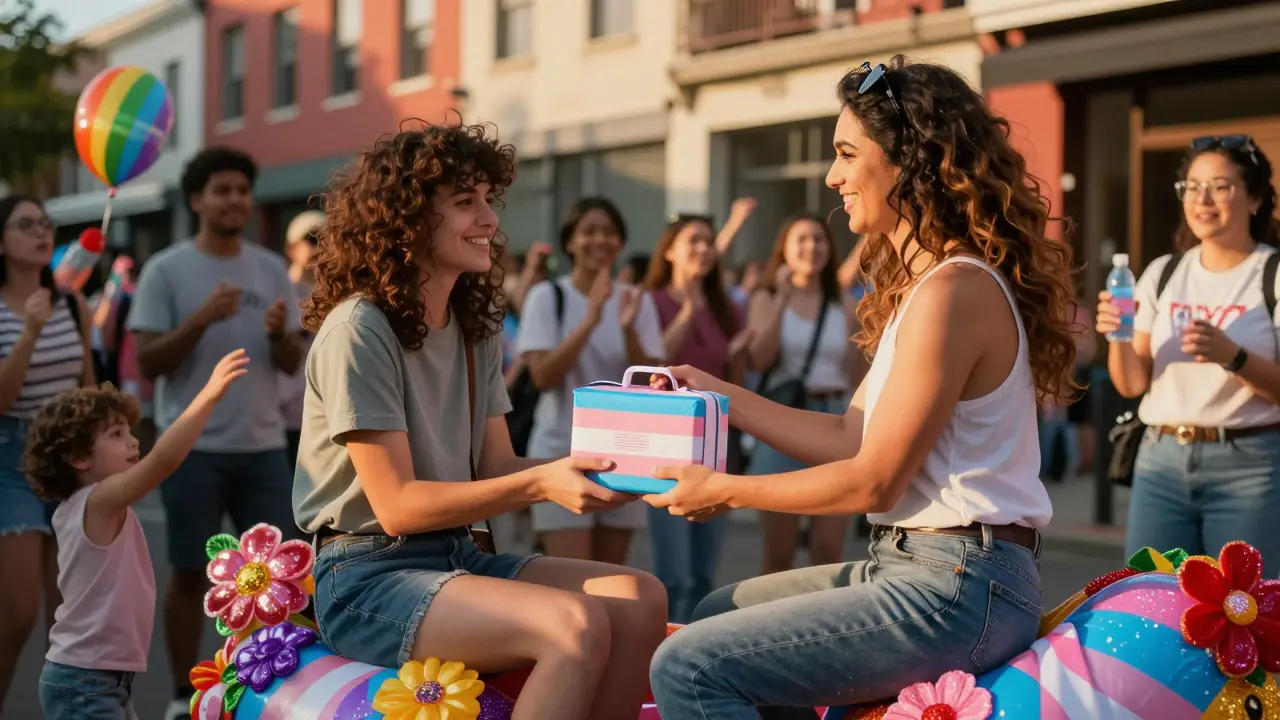 Bimini Bon-Boulash handing care kits to a young attendee on a colorful Pride float.