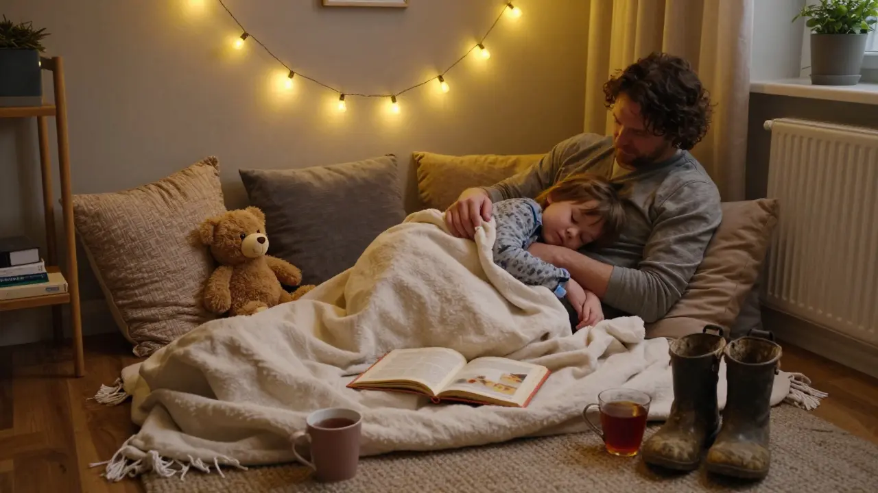 Blanket fort with fairy lights, child asleep on parent's shoulder, books and stuffed animals scattered around.