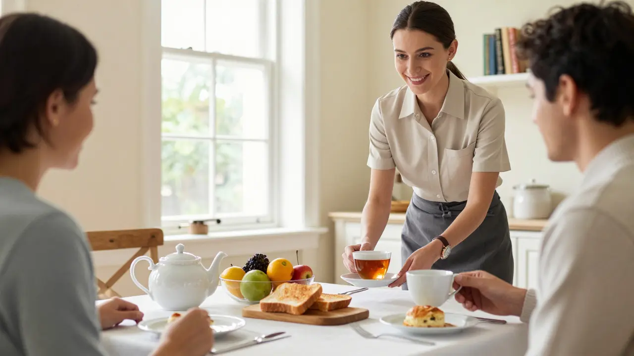 Breakfast table with tea, toast, fruit, and staff serving with a warm smile.