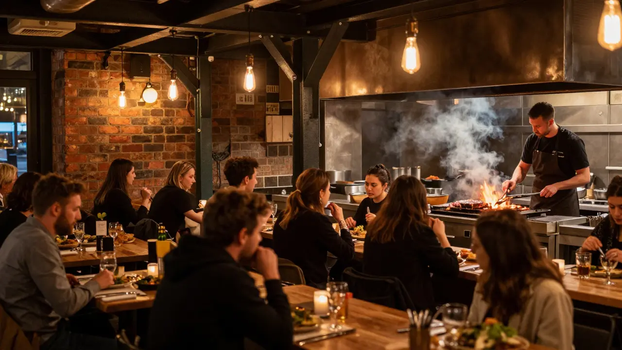 Busy interior of Flat Iron London Bridge with exposed brick, hanging lights, and diners enjoying steak.