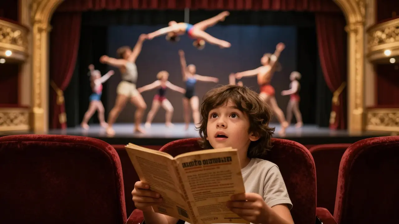 Child in theatre seat eyes wide with awe, holding a programme.