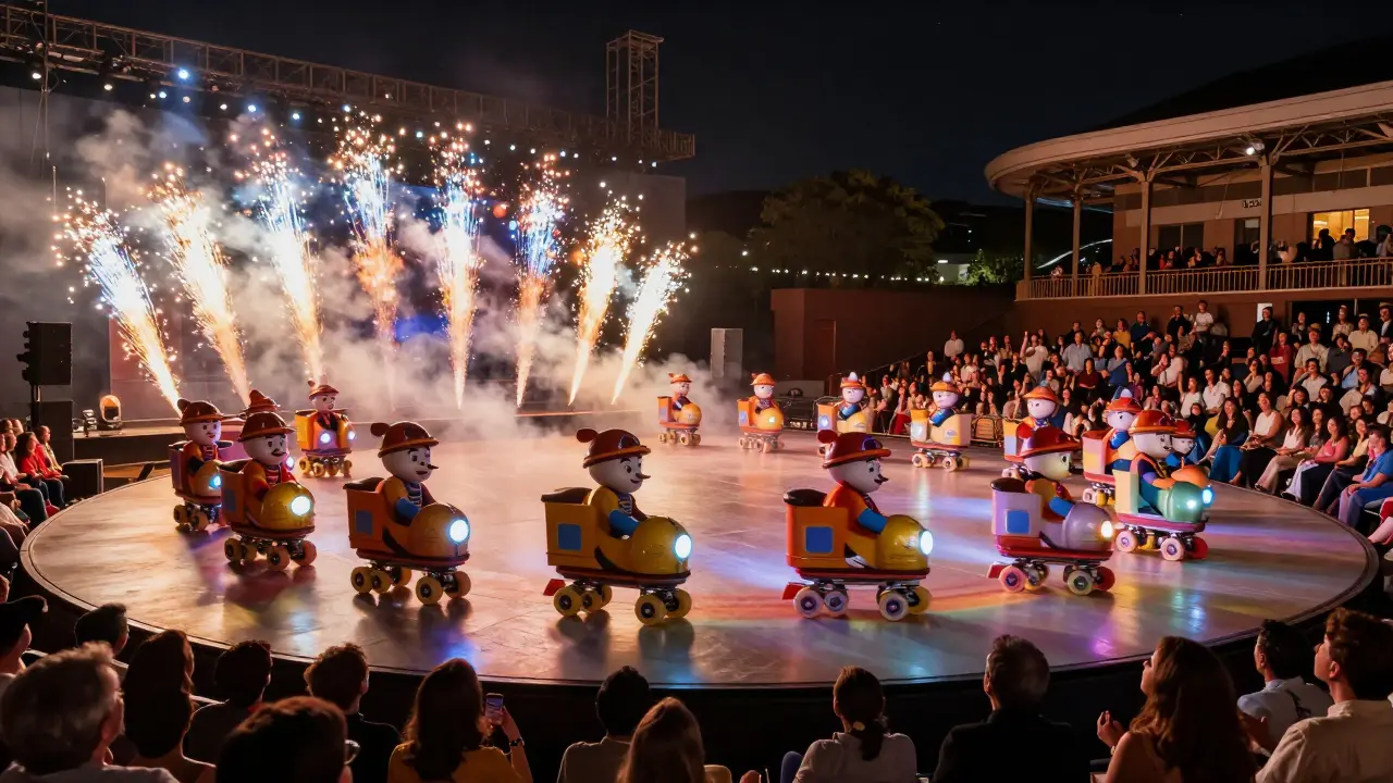 Circular stage with racing train characters and pyrotechnics under dazzling lights.