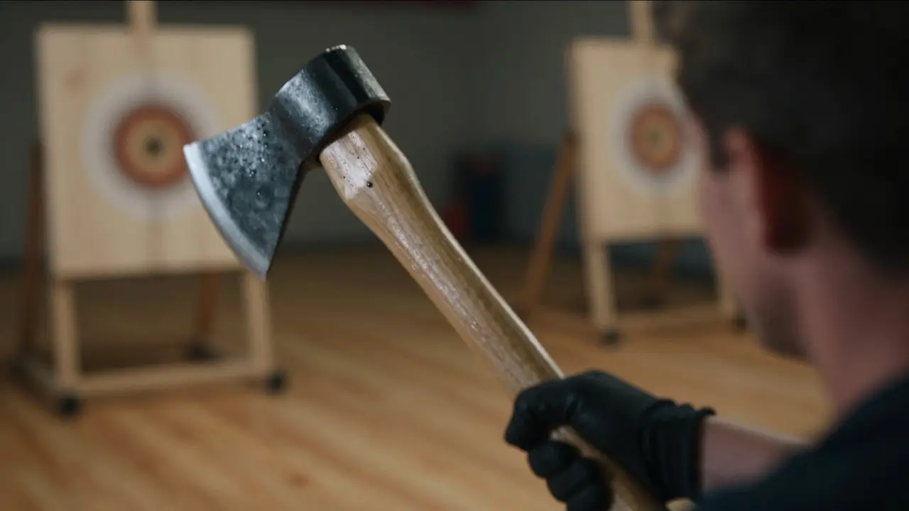 Close-up of a gloved hand swinging a hatchet mid-motion, blade glinting in low light.