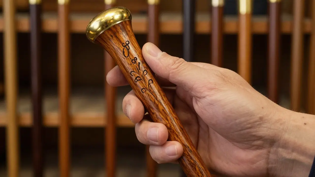 Close-up of a hand holding a finely carved wooden cane with brass tip and engraved initials.