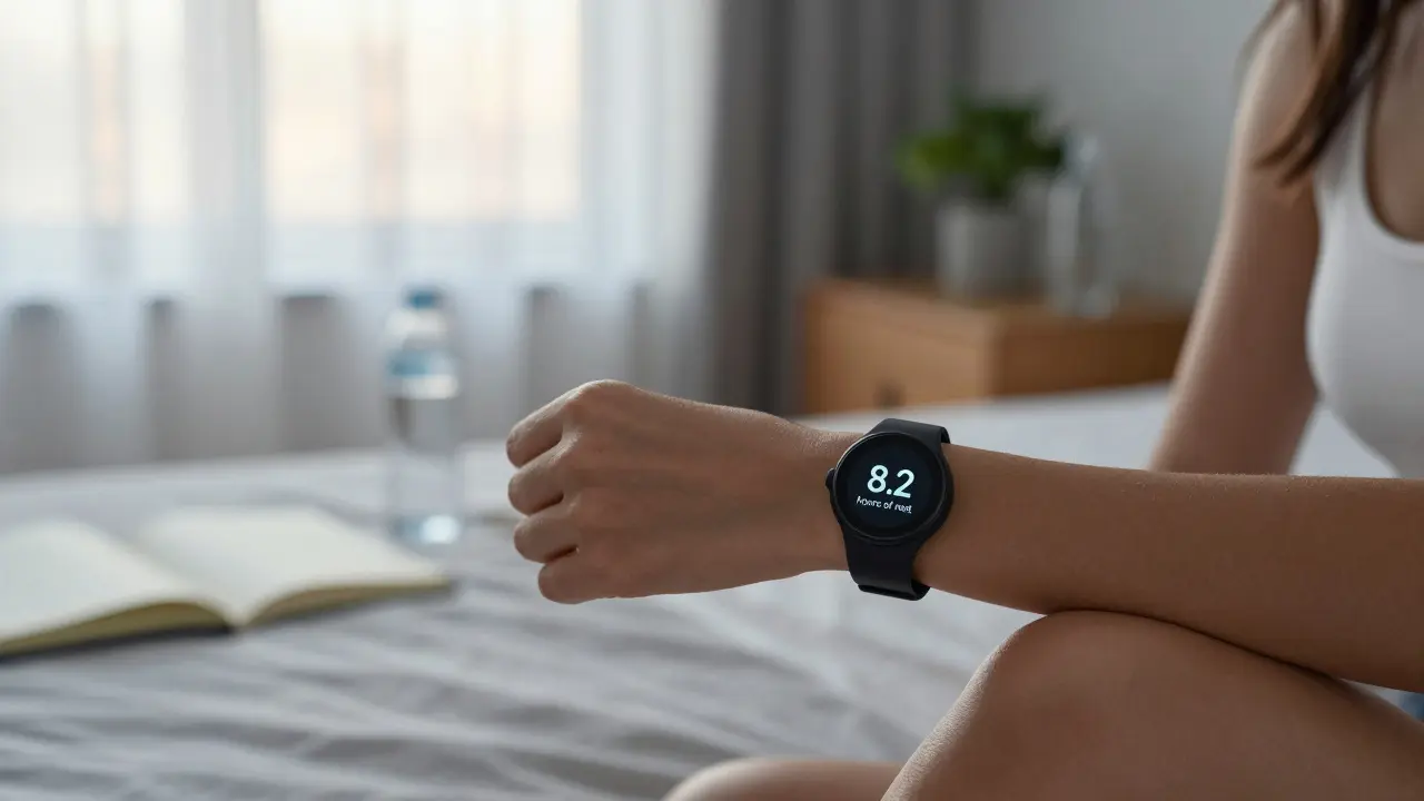 Close-up of a sleep tracker on a wrist showing 8.2 hours of rest with sunrise light through a window.